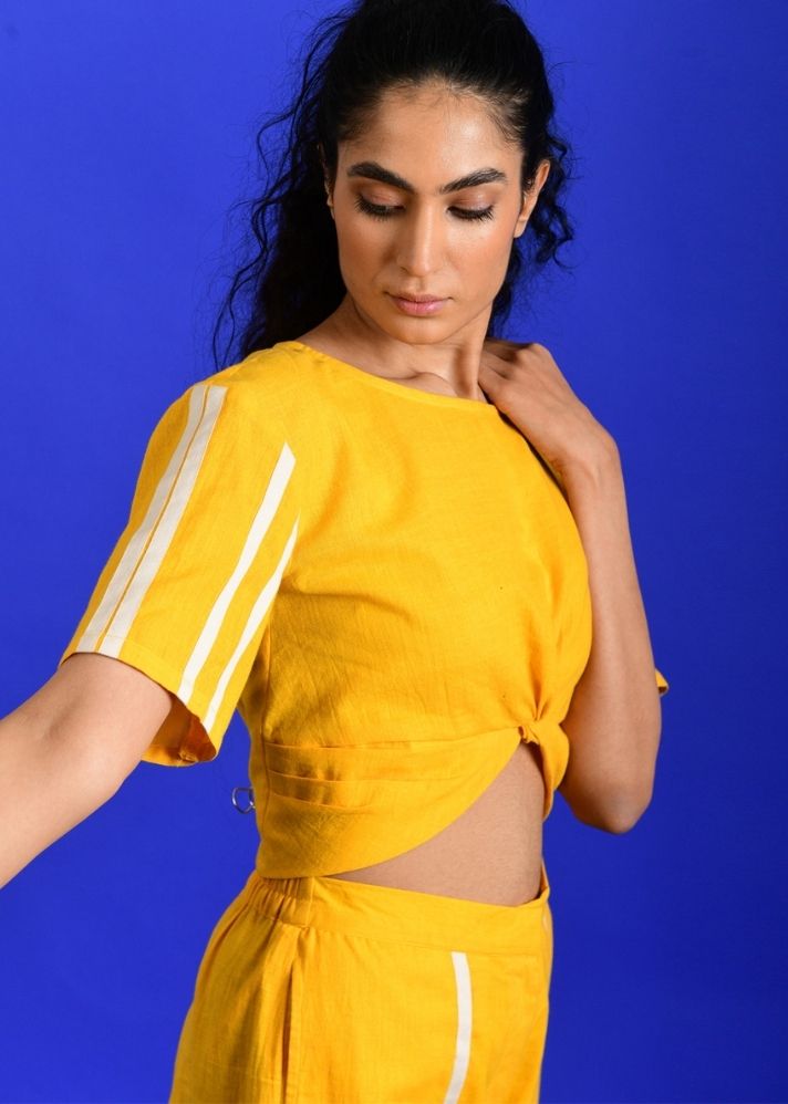 A Model Wearing Yellow Handwoven Cotton Iced Mango Knotted Dress , curated by Only Ethikal