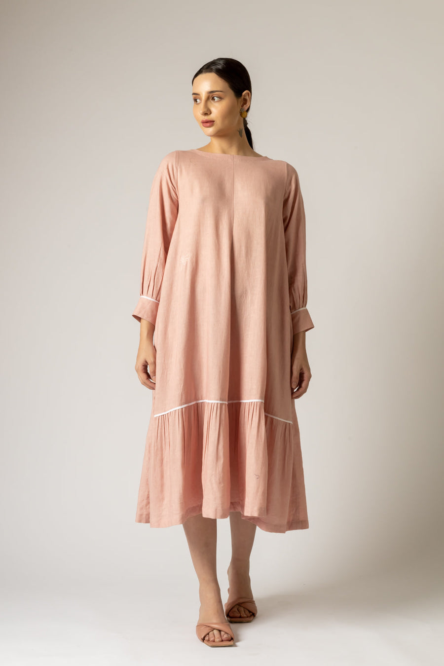A Model Wearing Pink Linen Yayoi Pink Dress, curated by Only Ethikal