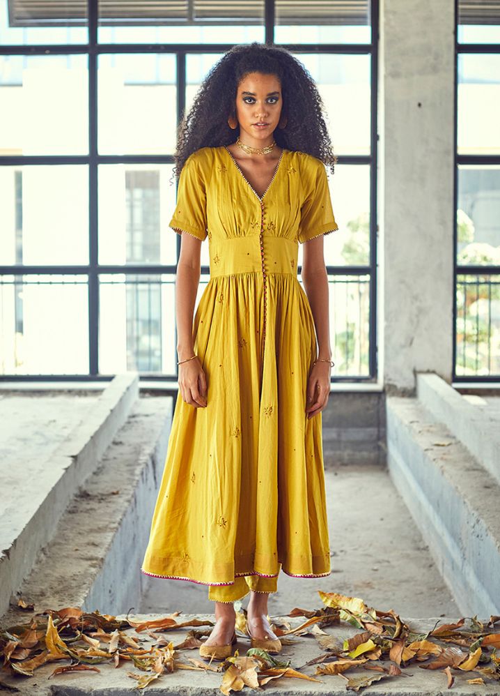 A Model Wearing Embroidered Yellow Pure Cotton Genda Choga Set, curated by Only Ethikal