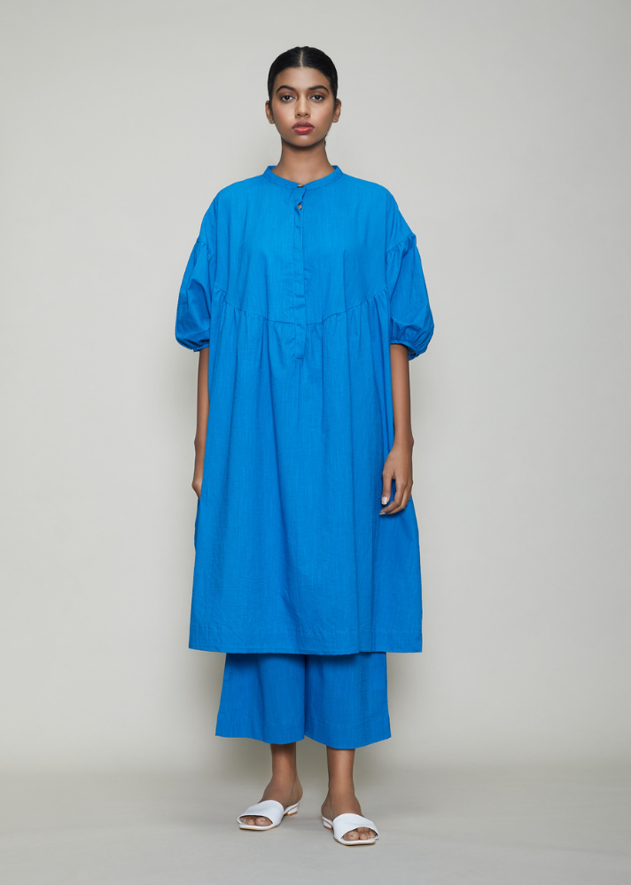 Women wearing Handwoven Cotton blue Acra Tunic Dress Blue dress by Mati curated by Only ethikal 