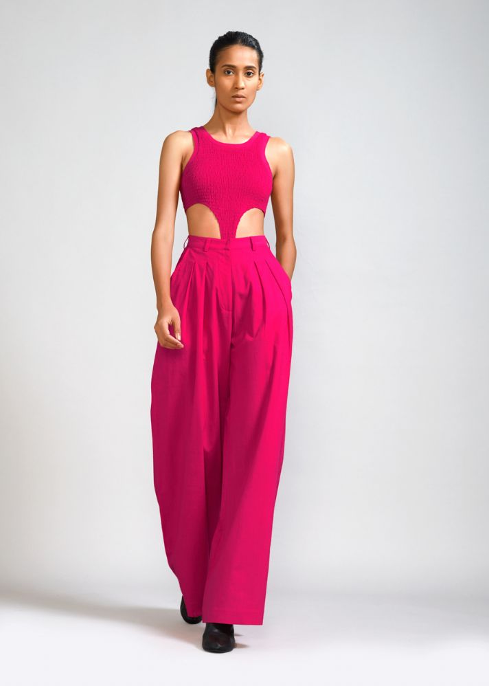 A Model Wearing Pink  Handwoven cotton Pink Long Pleated Trouser , curated by Only Ethikal