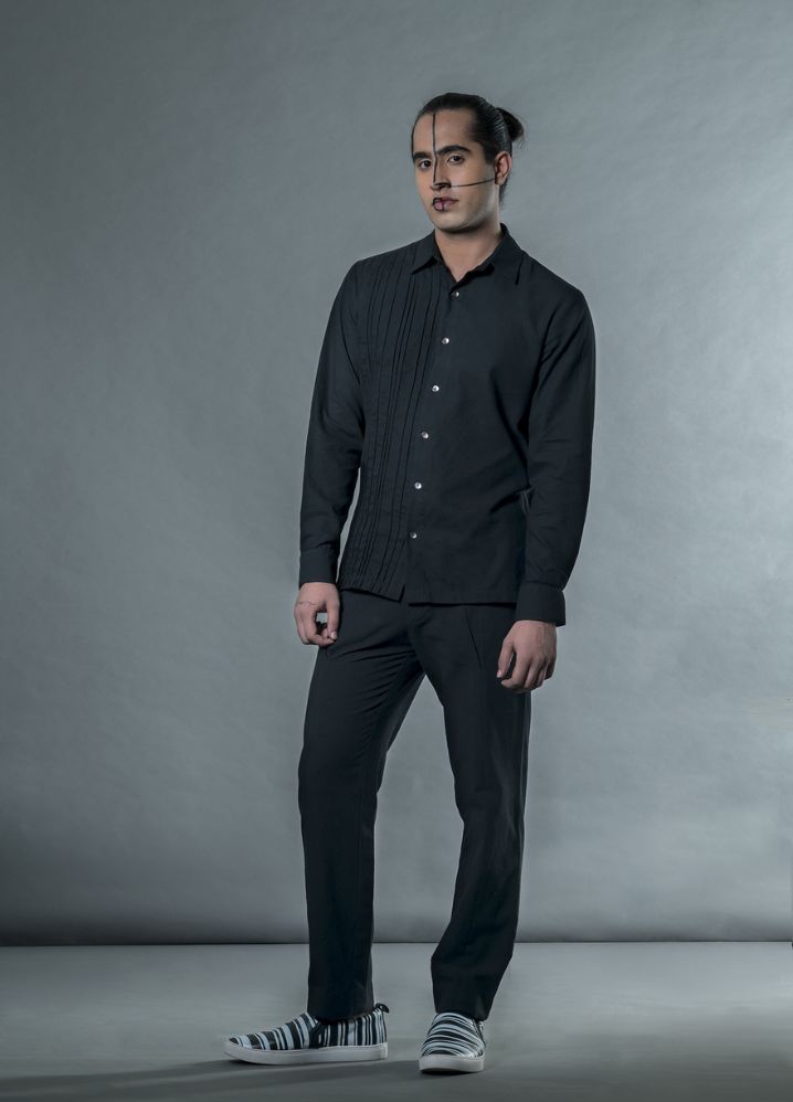 A model wearing  Black Jute Pants With Corded Pockets, curated by Only Ethikal