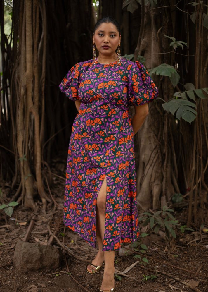 A Model Wearing Multicolor Pure Cotton Zaba Slit Dress, curated by Only Ethikal