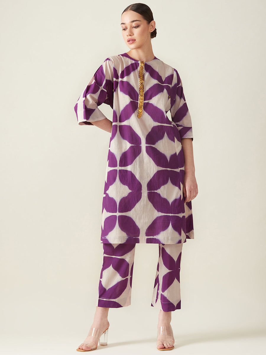 A Model Wearing Multicolor Pure Cotton Purple Embroidered Co ord set, curated by Only Ethikal