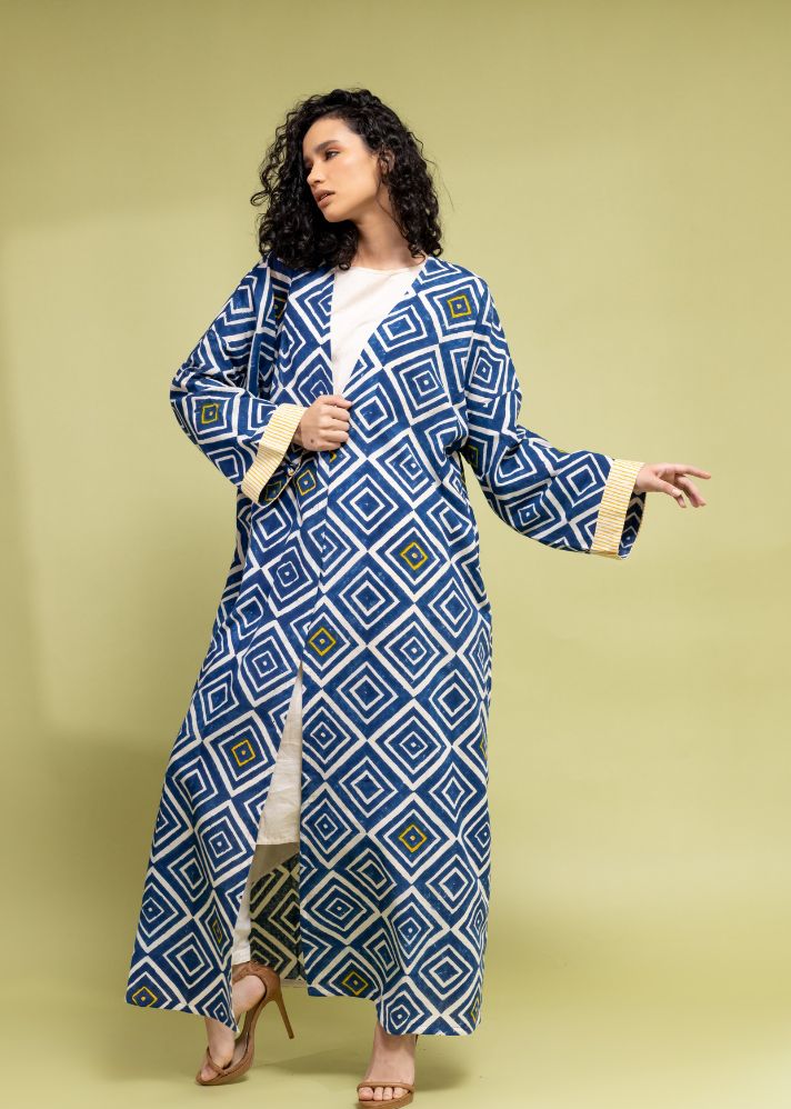 A Model Wearing Blue Handwoven Cotton Diamond Indigo Abaya, curated by Only Ethikal