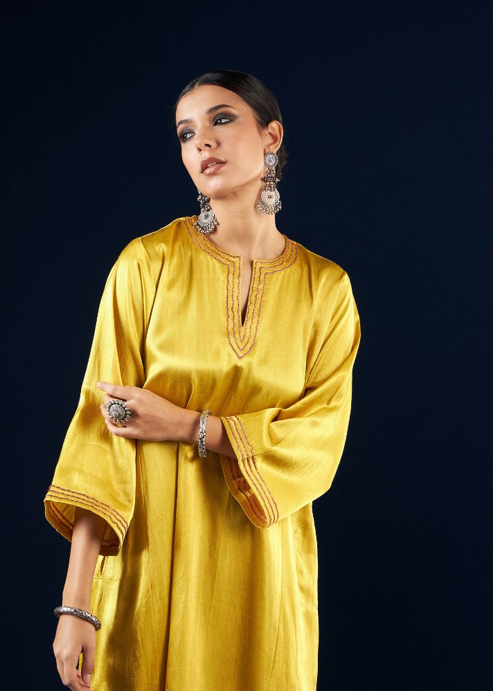 A Model Wearing Yellow Silk Gold Yellow Kalidaar Kurta Set- FC-2301, curated by Only Ethikal