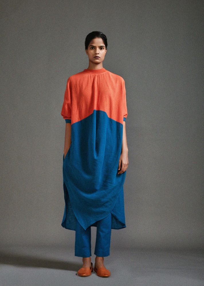 A Model Wearing Rust and blue Handwoven Cotton Cb Cowl Tunic , curated by Only Ethikal