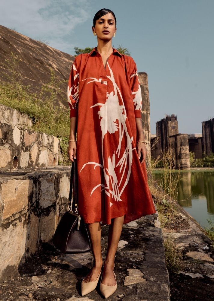A Model Wearing Red Pure Cotton Eider Dress, curated by Only Ethikal