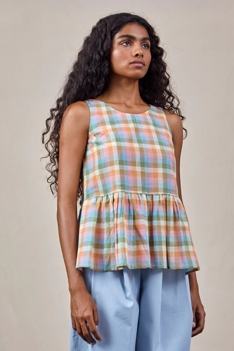 A Model Wearing Multicolor Handwoven Cotton Moy Top, curated by Only Ethikal