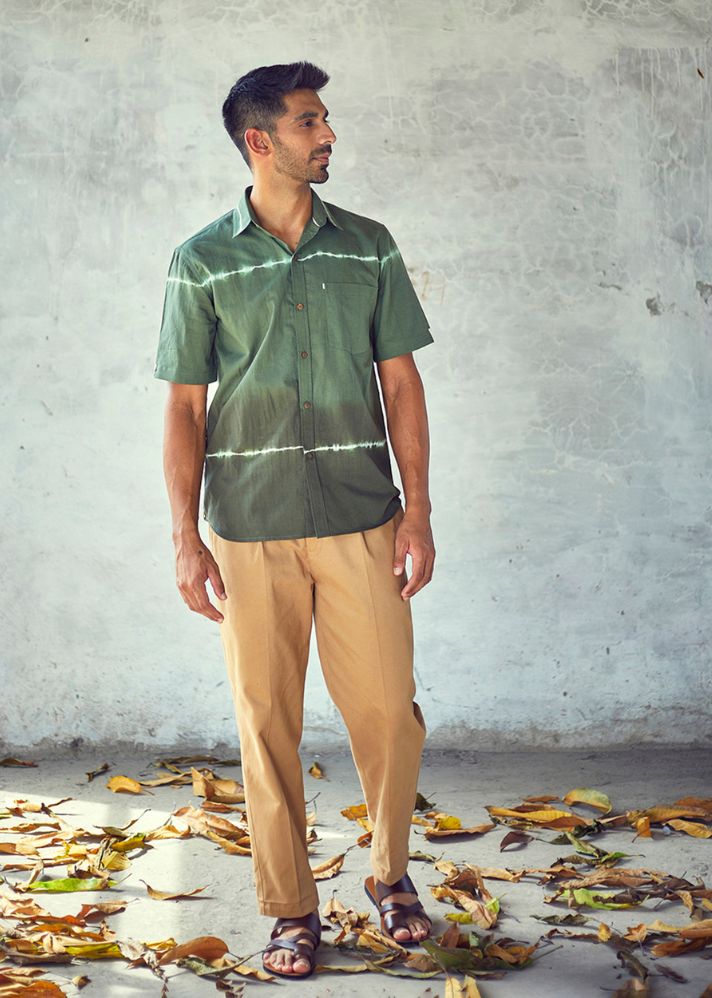A Model Wearing Green Pure Cotton Forest Ghost Shirt, curated by Only Ethikal