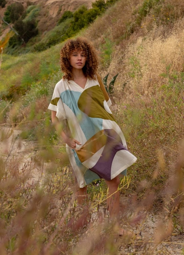 A Model Wearing Multicolor Handwoven Cotton Color blocked oversized dress, curated by Only Ethikal