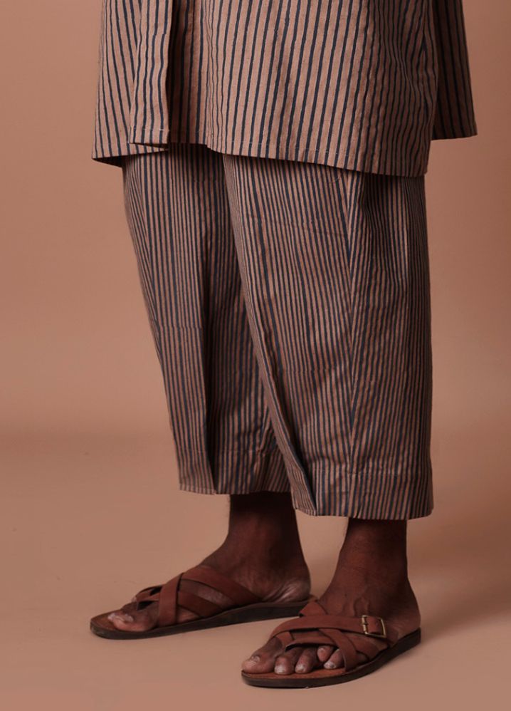 A Model Wearing  Striped Brown Pure Cotton Brown Striped Men's Trousers, curated by Only Ethikal