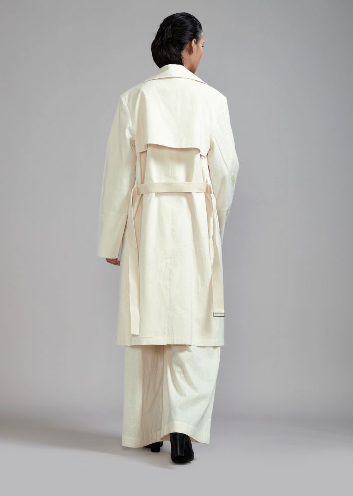 A Model Wearing White  Handwoven cotton Off-White Trench Jacket, curated by Only Ethikal