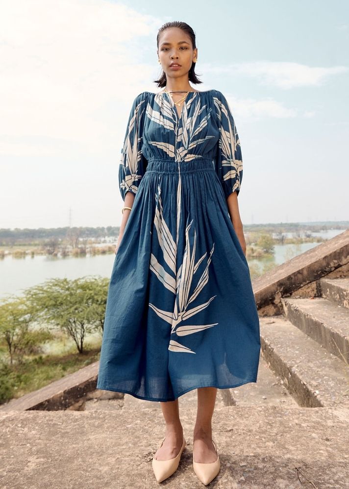 A Model Wearing Blue Pure Cotton Nightingale Dress, curated by Only Ethikal