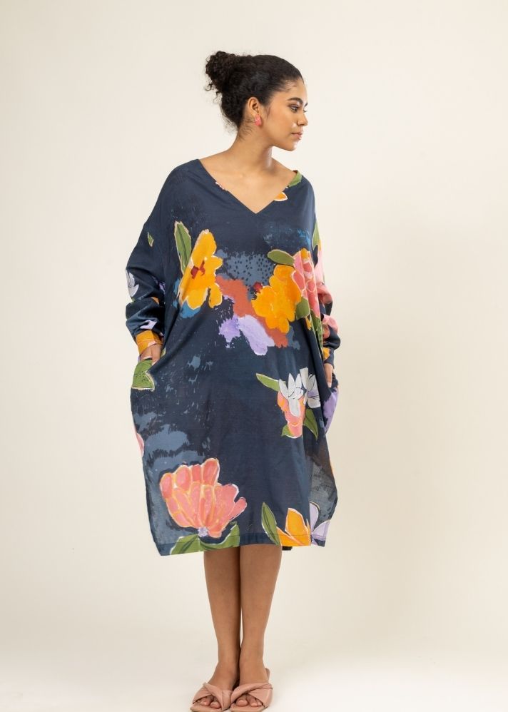 A Model Wearing Multicolor Upcycled Cotton Helen Floral Kaftan, curated by Only Ethikal