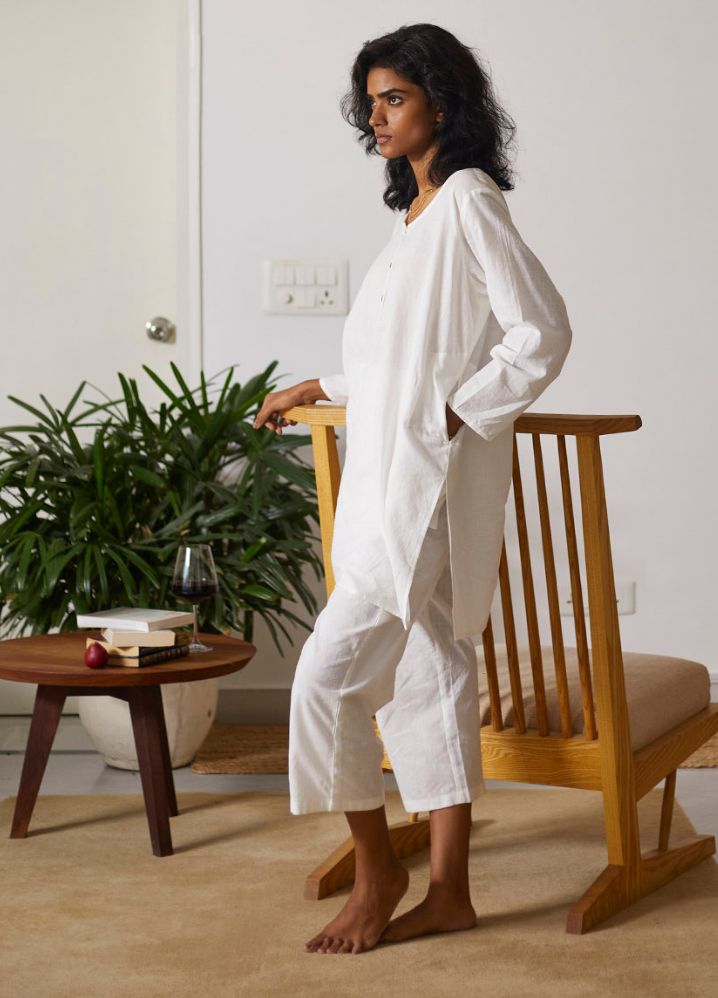 A Model Wearing  White Cotton Khadi Morning Light Co-Ord Set, curated by Only Ethikal