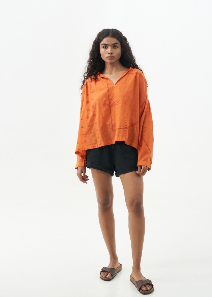 A Model Wearing Orange Handwoven Cotton Dark orange easy top, curated by Only Ethikal