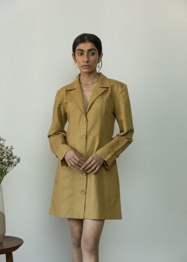 A Model Wearing Beige Hemp Slim-Fit Blazer Dress, curated by Only Ethikal