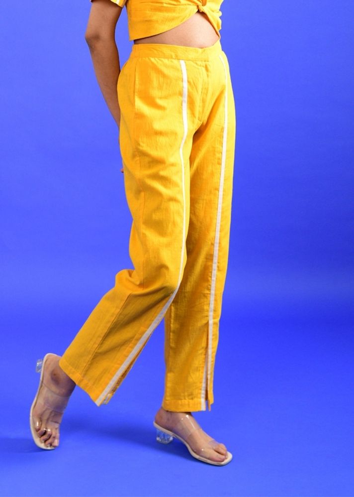 A Model Wearing Yellow Handwoven Cotton Iced Mango Pants , curated by Only Ethikal