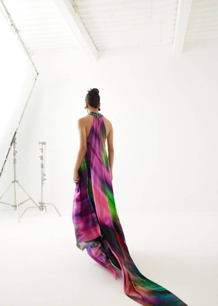 A Model Wearing Multicolor Organic Cupro Milky Way Halter Dress, curated by Only Ethikal