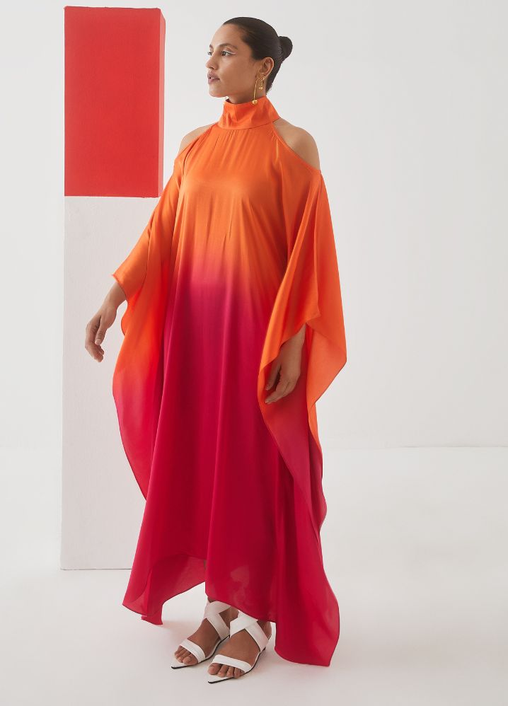 A Model Wearing  Tie And Dye Multicolor Bemberg Leheriya Round Collar Dress
(Orange/ Pink Ombre), curated by Only Ethikal