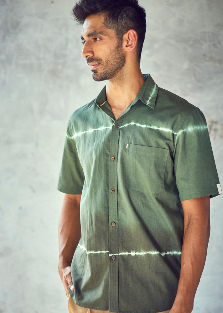 A Model Wearing Green Pure Cotton Forest Ghost Shirt, curated by Only Ethikal