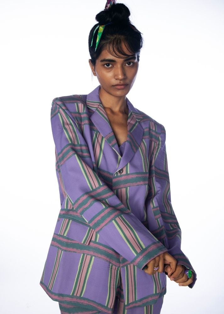 A Model Wearing Purple Lyocell Chaarpai Blazer, curated by Only Ethikal