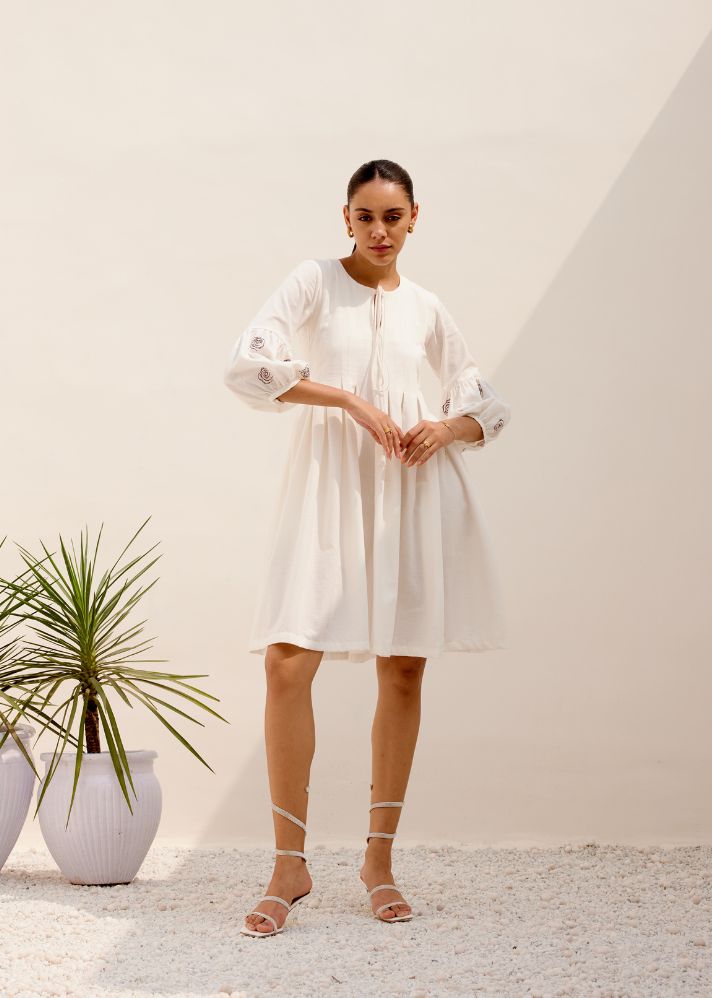 A Model Wearing White Hemp White Mid Summer Dress, curated by Only Ethikal