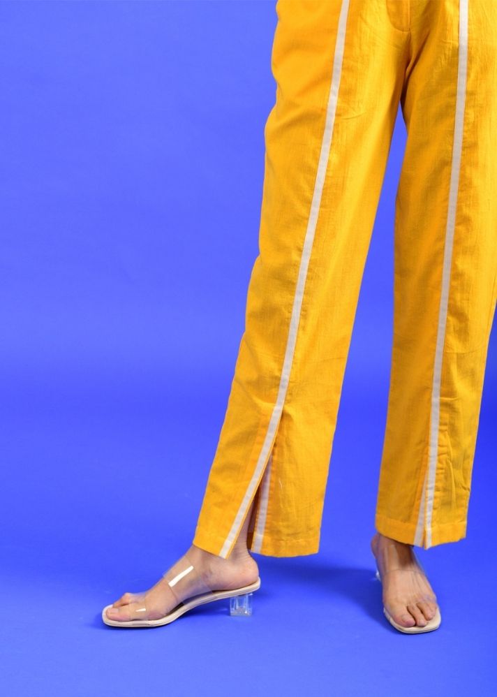 A Model Wearing Yellow Handwoven Cotton Iced Mango Pants , curated by Only Ethikal