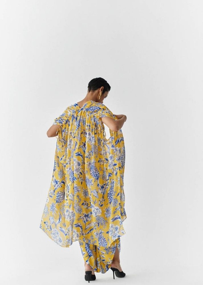 A Model Wearing Multicolor Bemberg Yellow Pineapple Organza Draw String Cape, curated by Only Ethikal