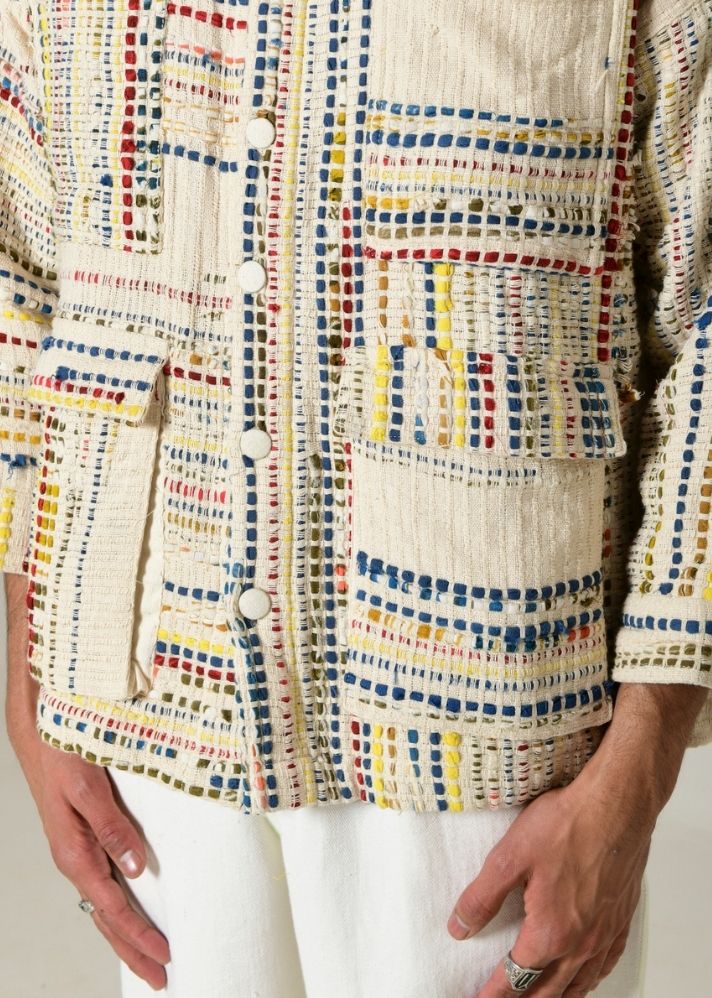 A Model Wearing Multicolor Handwoven Cotton Recycle Itsuki Jacket, curated by Only Ethikal