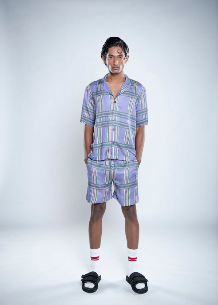 A Model Wearing Purple Lyocell Chaarpai Bowling Shirt, curated by Only Ethikal