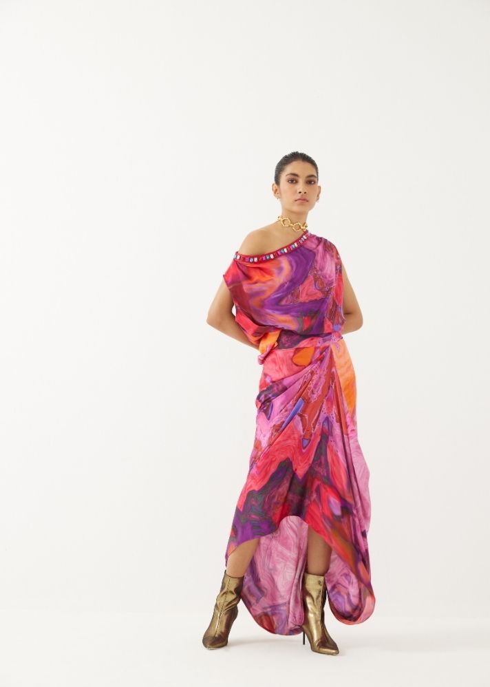 A Model Wearing Multicolor Organic Cupro Red Sea Draped Top & Skirt Co-Ord, curated by Only Ethikal