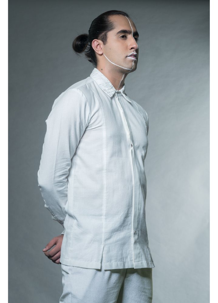 A model wearing  White Handwoven Cotton Shirt With Gathers In Collar, curated by Only Ethikal