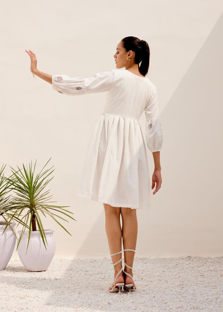 A Model Wearing White Hemp White Mid Summer Dress, curated by Only Ethikal