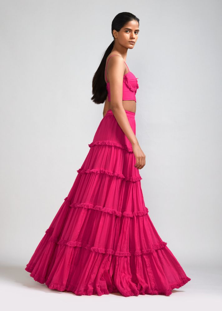 A Model Wearing Pink  Handwoven cotton Pink Fringed Tiered Lehenga Set (2 PCS), curated by Only Ethikal
