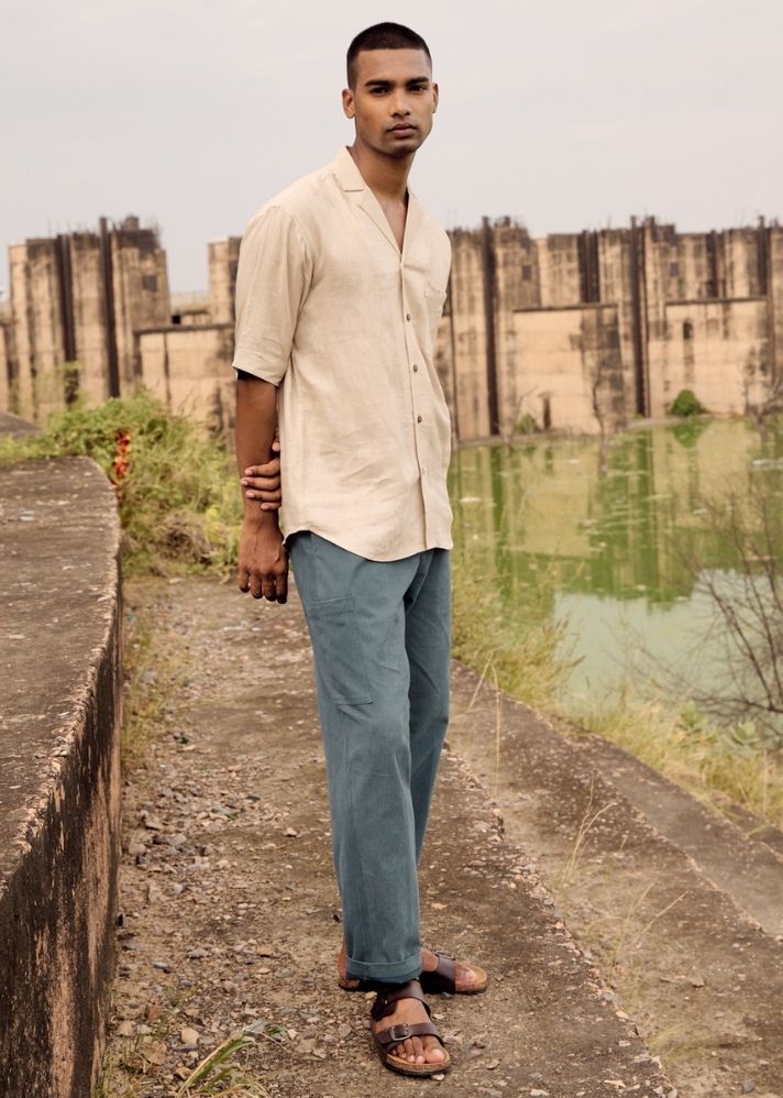 A Model Wearing Beige Linen Swan Song Shirt, curated by Only Ethikal