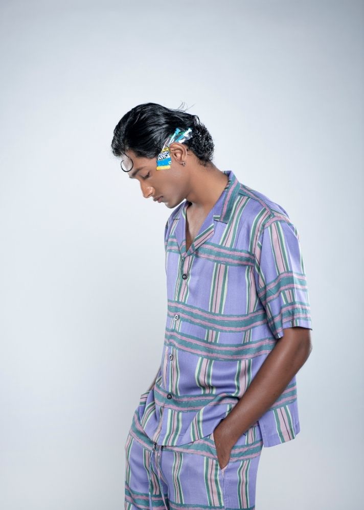 A Model Wearing Purple Lyocell Chaarpai Bowling Shirt, curated by Only Ethikal