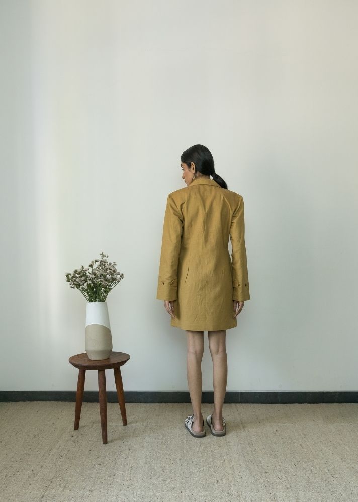 A Model Wearing Beige Hemp Slim-Fit Blazer Dress, curated by Only Ethikal
