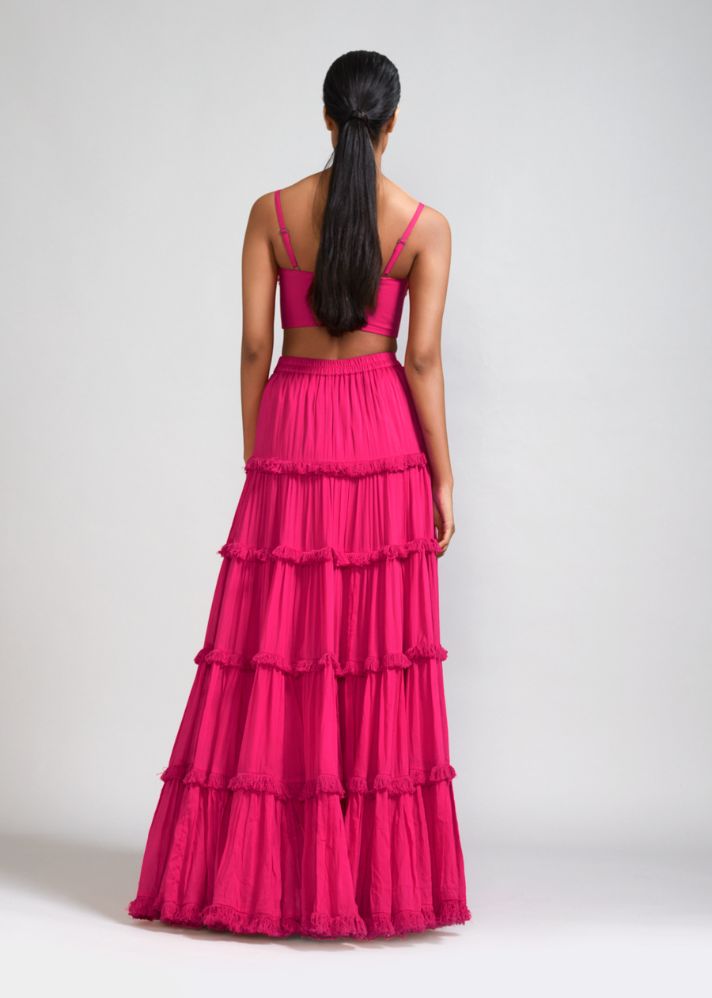 A Model Wearing Pink  Handwoven cotton Pink Fringed Tiered Lehenga Set (2 PCS), curated by Only Ethikal