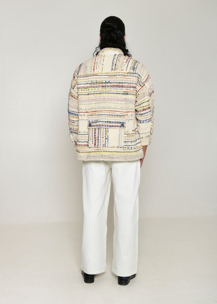 A Model Wearing Multicolor Handwoven Cotton Recycle Itsuki Jacket, curated by Only Ethikal