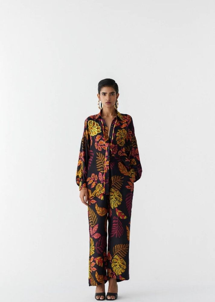 A Model Wearing Multicolor Organic Cupro Rainforest Shirt And Trousers Co-Ord, curated by Only Ethikal