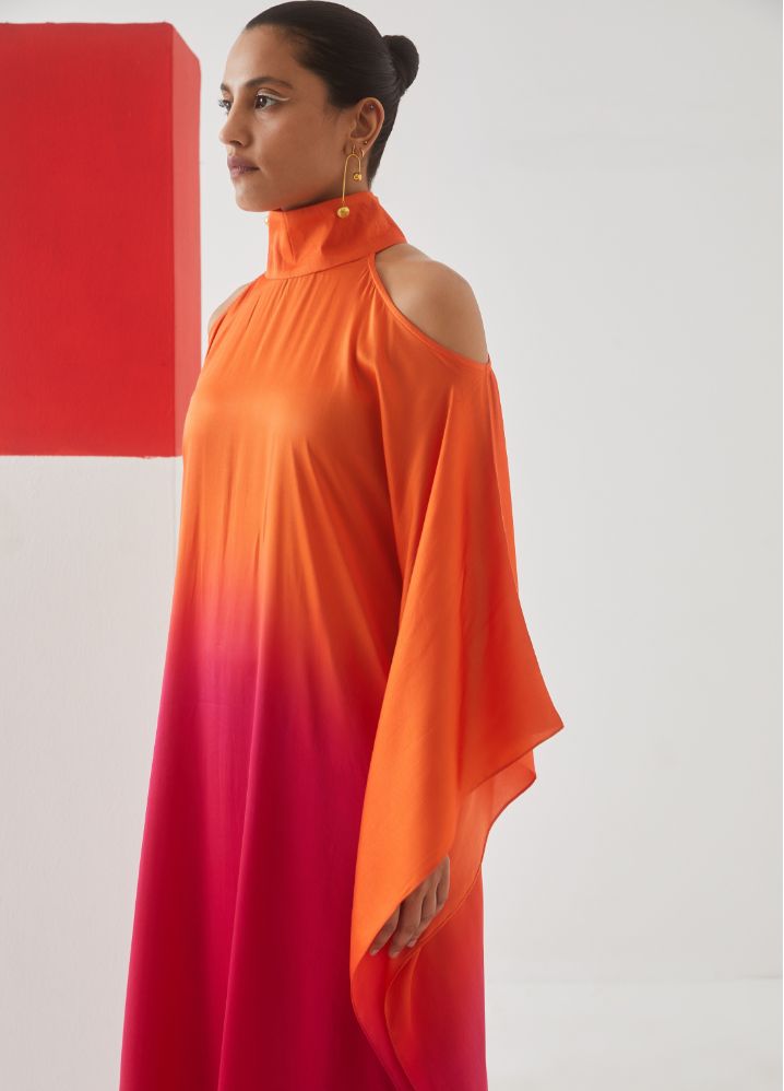 A Model Wearing  Tie And Dye Multicolor Bemberg Leheriya Round Collar Dress
(Orange/ Pink Ombre), curated by Only Ethikal