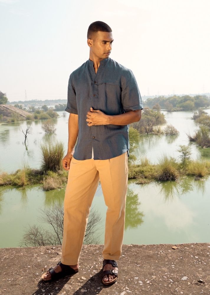 A Model Wearing Blue Linen Monochrome Shirt, curated by Only Ethikal