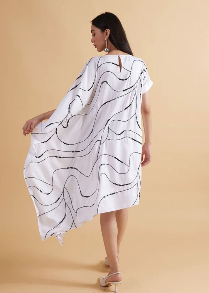 A Model Wearing White Cotton Satin Slub Cosmic Embroidered Dress, curated by Only Ethikal