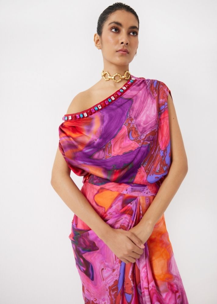 A Model Wearing Multicolor Organic Cupro Red Sea Draped Top & Skirt Co-Ord, curated by Only Ethikal