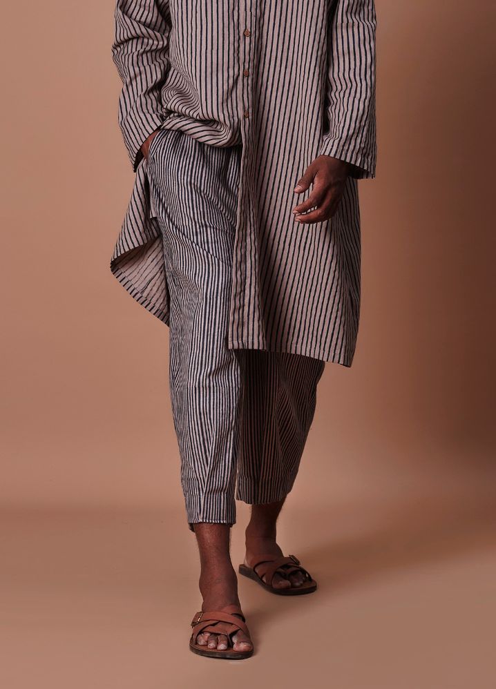 A Model Wearing  Striped Grey Pure Cotton Grey Striped Men's Trousers, curated by Only Ethikal