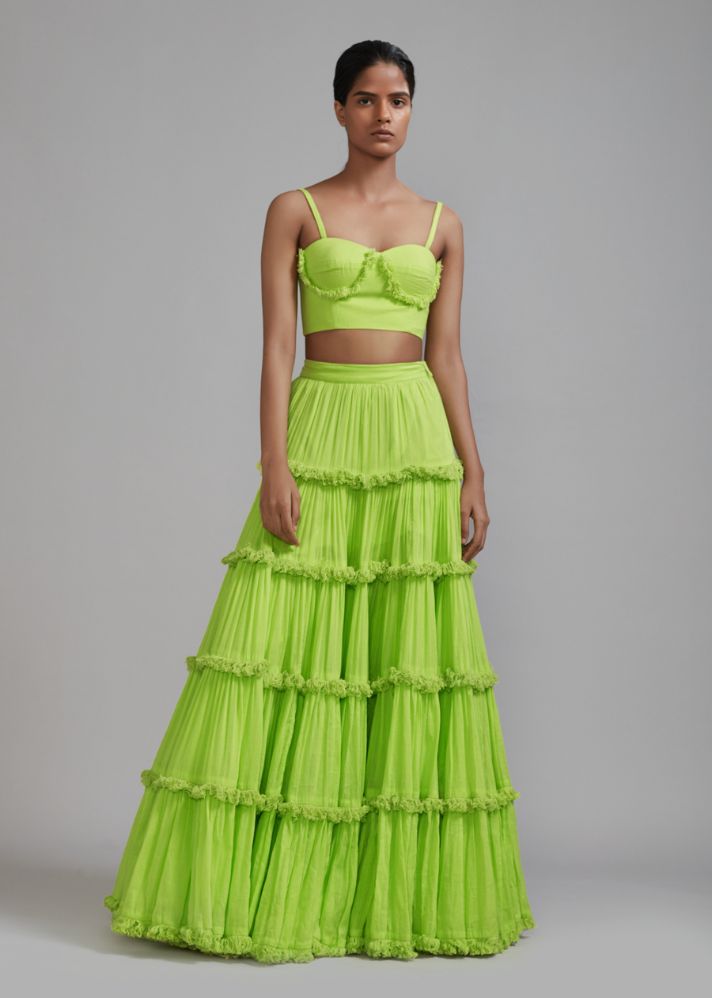 A Model Wearing Green  Handwoven cotton Neon Green Fringed Tiered Lehenga Set (2 PCS), curated by Only Ethikal