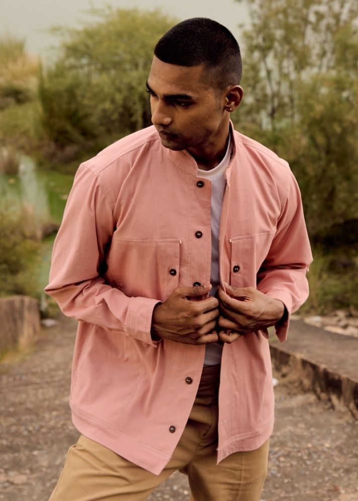 A Model Wearing Pink Linen Coral Crane Shirt, curated by Only Ethikal