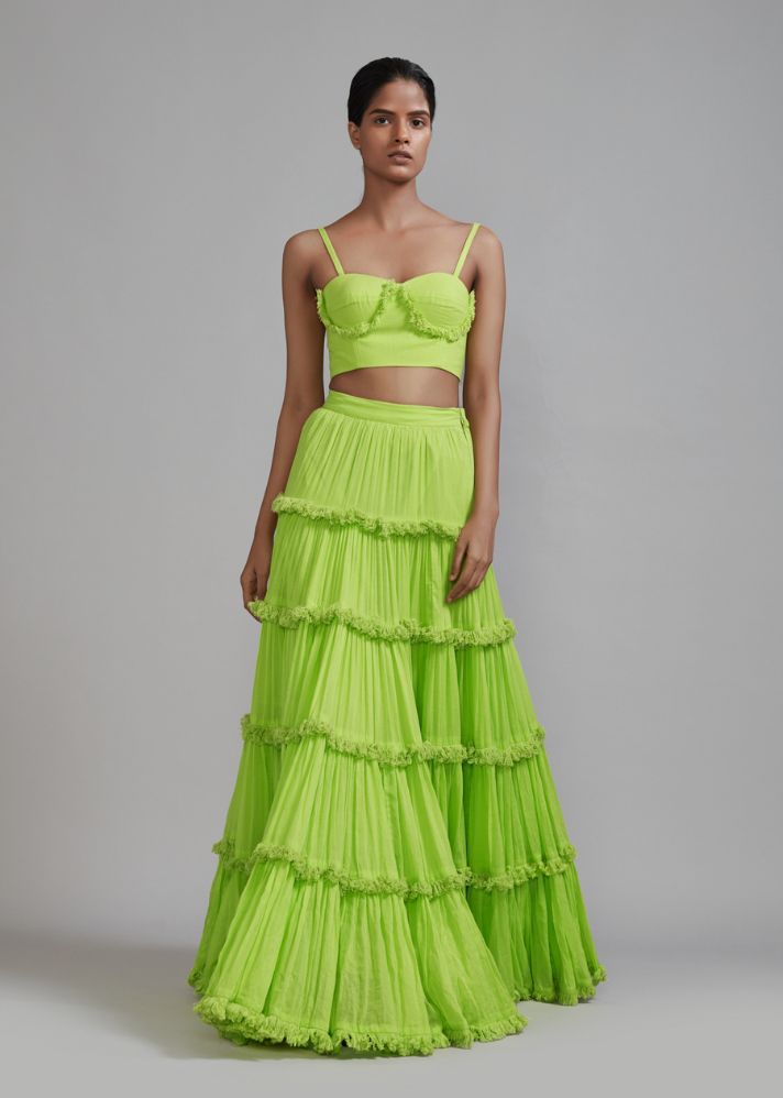 A Model Wearing Green  Handwoven cotton Neon Green Fringed Tiered Lehenga Set (2 PCS), curated by Only Ethikal